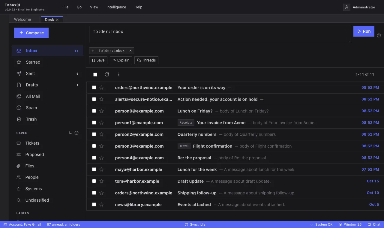 The Desk: the rail of folders and saved queries, the query bar, and the inbox