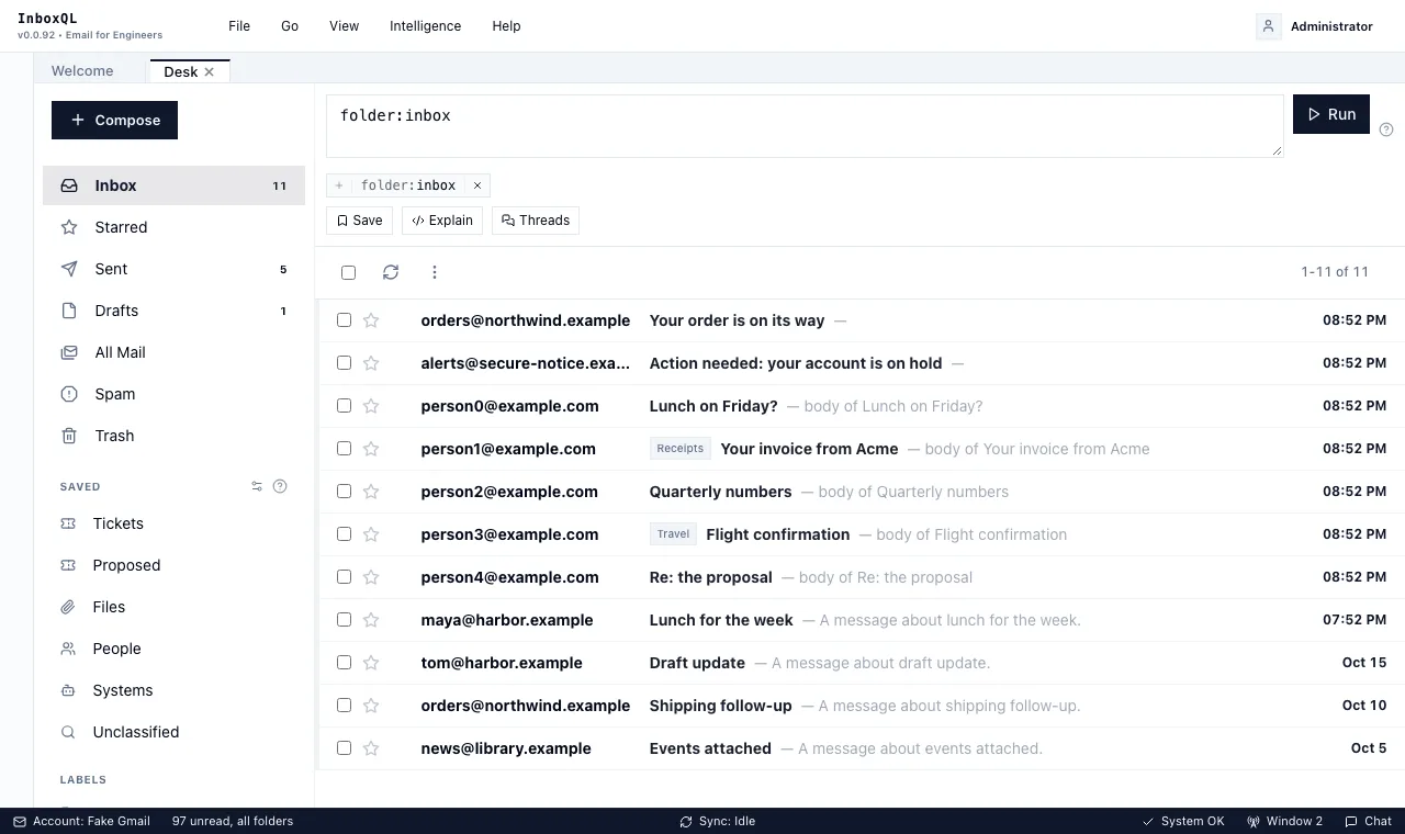The Desk: the rail of folders and saved queries, the query bar, and the inbox