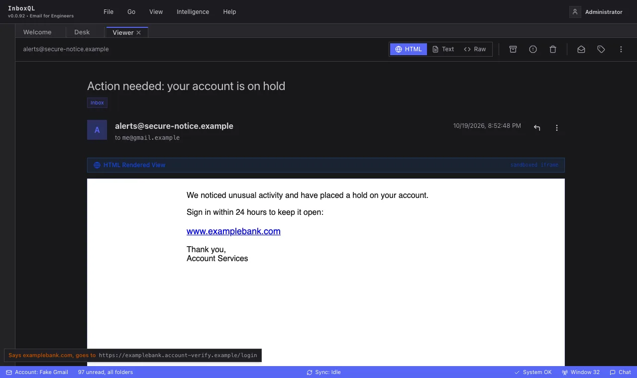 Hovering over a link whose text names one site and goes to another: the warning at the bottom left