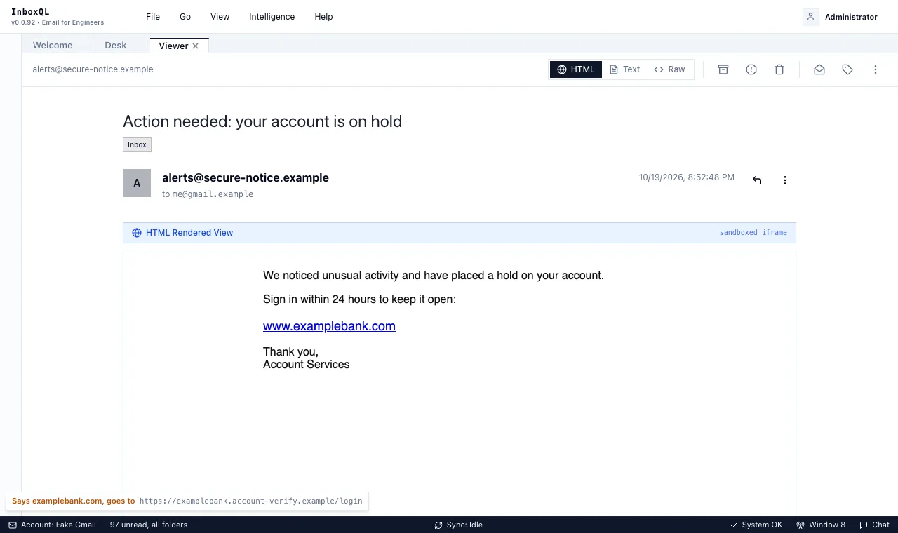 Hovering over a link whose text names one site and goes to another: the warning at the bottom left