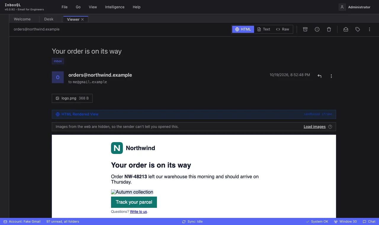 A message with images from the web held back, and Load images above it; the logo carried in the message shows