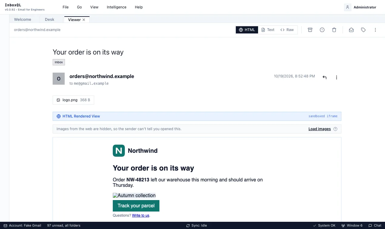 A message with images from the web held back, and Load images above it; the logo carried in the message shows