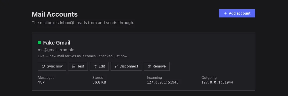An accounts card: live, its messages, and its incoming and outgoing servers