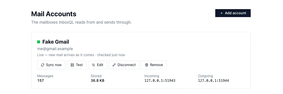 An account’s card: live, its messages, and its incoming and outgoing servers