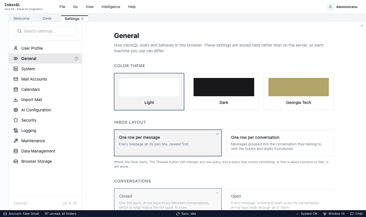 Settings, General: the colour theme, the inbox layout and how conversations start