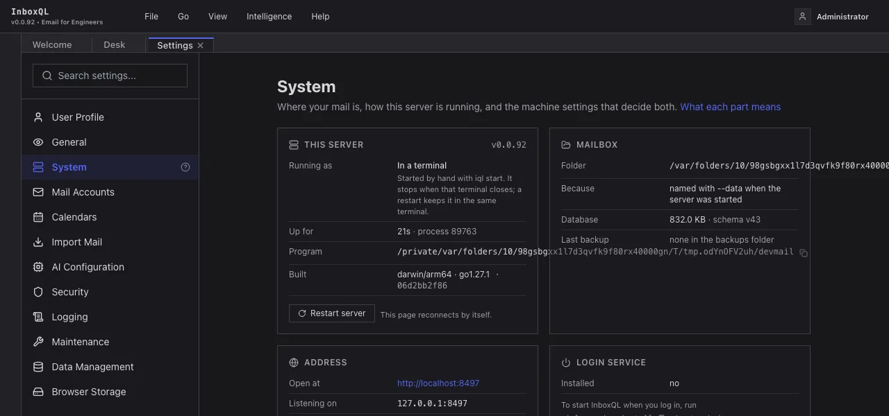 Settings, System: how this server is running, and where its mailbox is