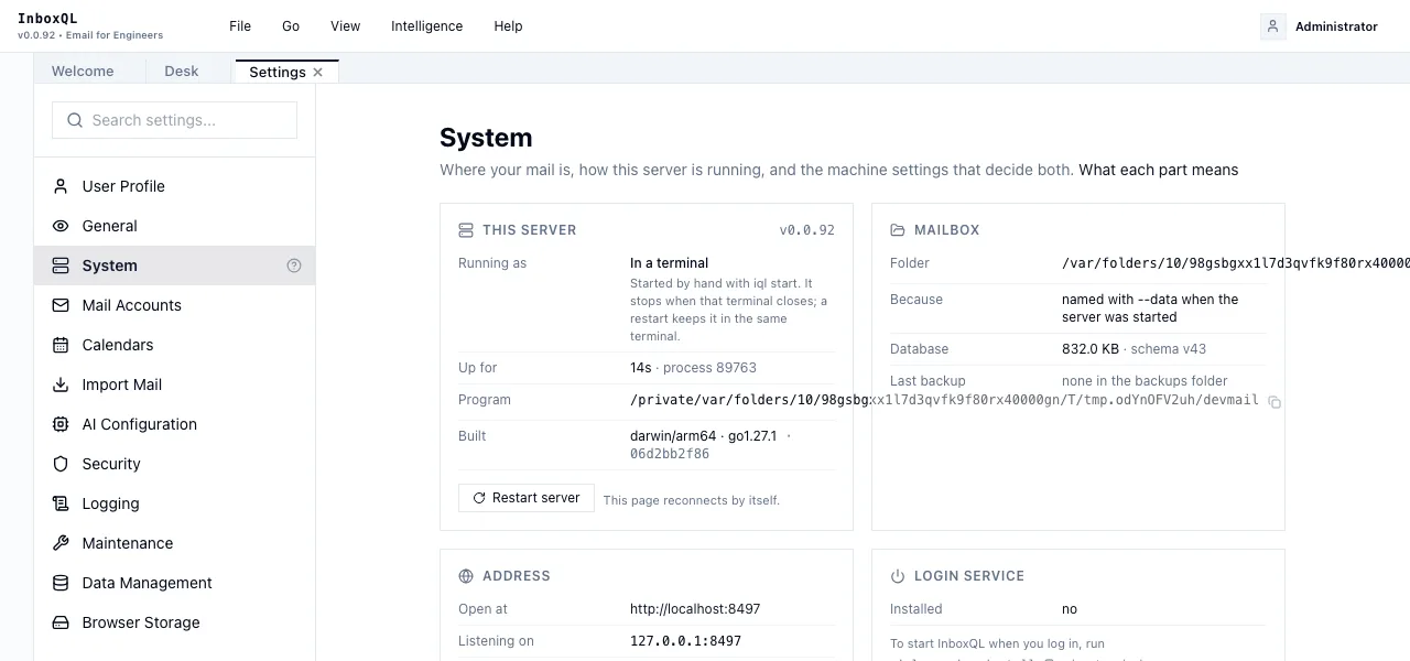 Settings, System: how this server is running, and where its mailbox is